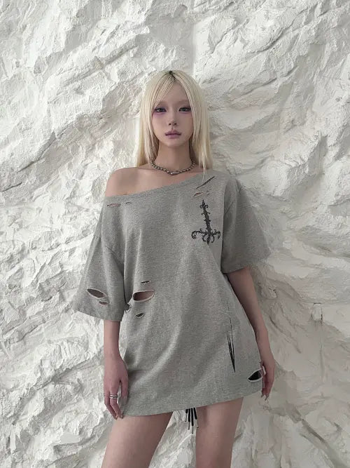 [EUCT] Blade Damage One-Shoulder  T-shirt  - GREY / 블레이드 데미지 원숄더 티셔츠 - 그레이