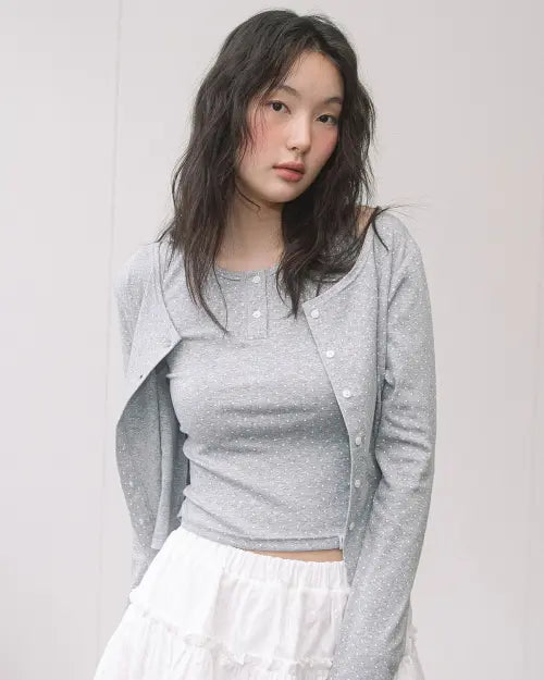 [HAVISM] DOT CARDIGAN + HENLEY NECK SLEEVELESS SET(GREY)