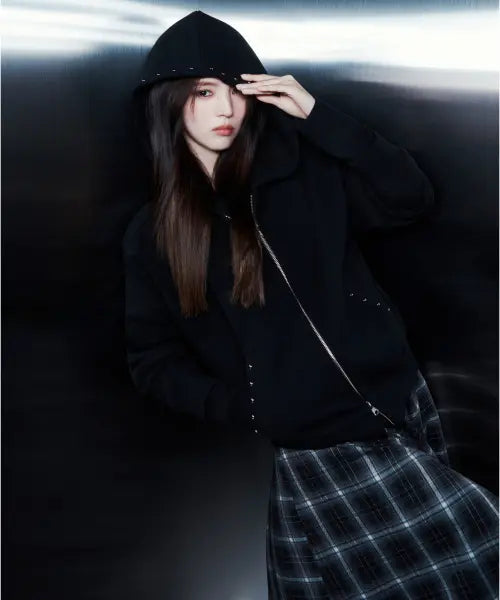 [MUSINSA STANDARD WOMAN] Women's Studded Hooded Sweat Zip-Up [Black] / 우먼즈 스터드 후디드 스웨트 집업 [블랙]