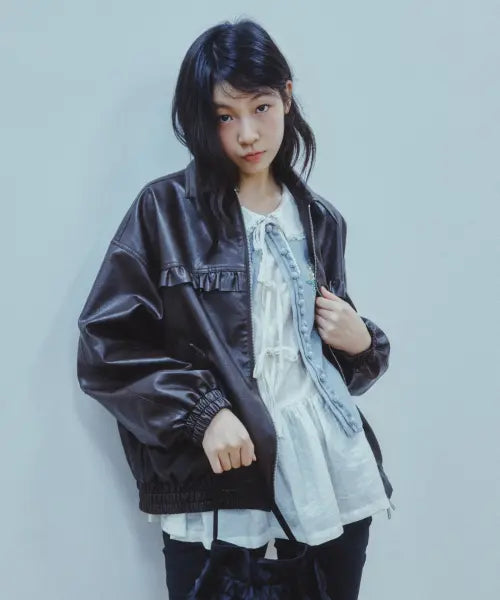 [8SECONDS] MINJUKIM Faux Leather Oversized Ruffle Blouson Outerwear Brown / [민주킴] 페이크레더 오버핏 프릴 블루종 아우터  브라운