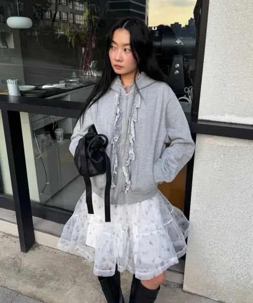 [8SECONDS] MINJUKIM Jersey Hooded Ruffle Jumper Grey / [민주킴] 저지 후드 러플 점퍼  그레이