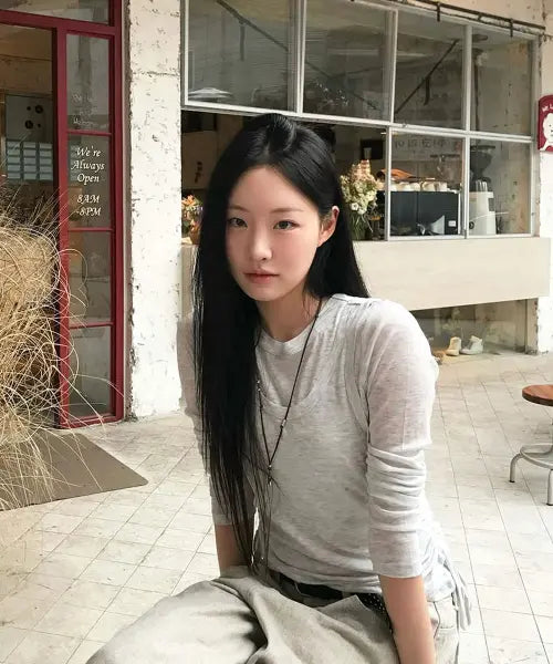 [MONGDOL] Side Shirring Layered T-shirt Light Grey / [SET] 사이드 셔링 레이어드 티셔츠 라이트그레이 MDTS067LGRAY
