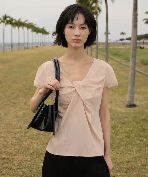 [DEHEVE] Twist Lace Sleeve Blouse [Pink]