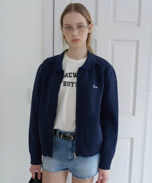 [SOMEWHEREBUTTER] Unit Knit Zip-Up - Navy