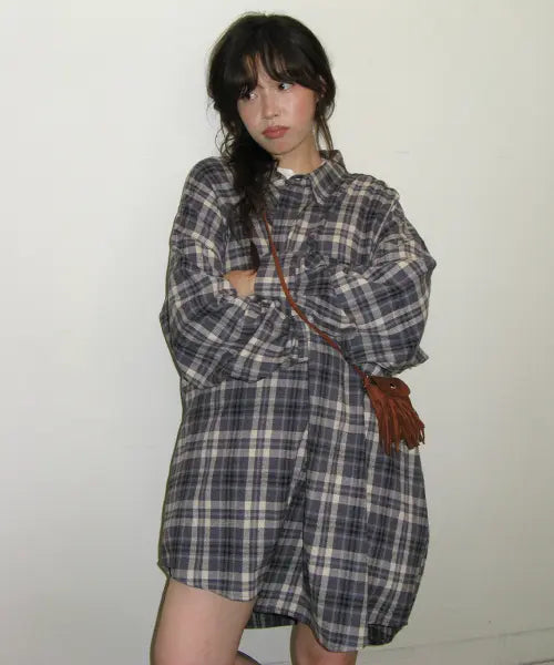[RONRON] RIBBON PIN SET SHIRT DRESS NAVY CHECK