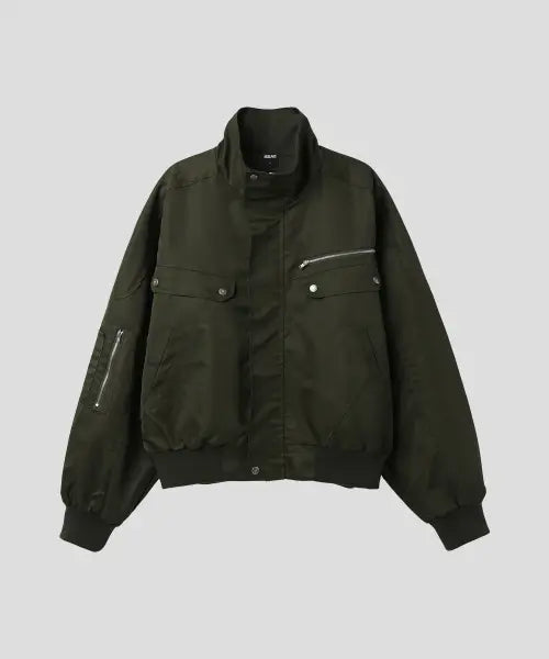 [OURSEAZ] High-Neck Bomber Jacket - Khaki / 하이넥 봄버 자켓 - 카키