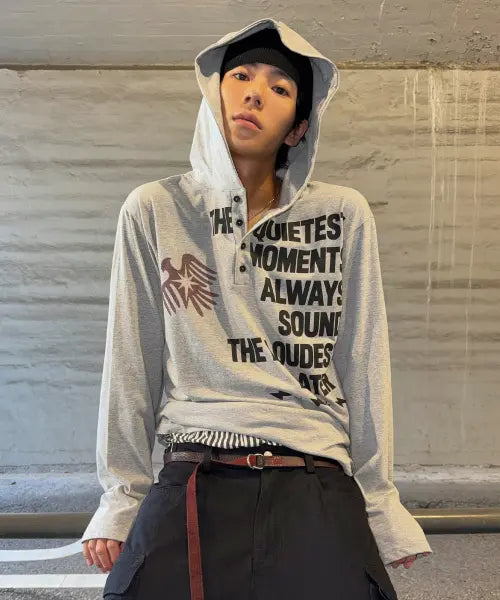 [SUPERSUB] Cropped Horizontal Lettering Henley Neck Hoodie Long Sleeve T-Shirt - Mélange Grey / [크롭]호리젠탈 레터링 헨리넥 후드 긴팔 티셔츠-멜란지그레이