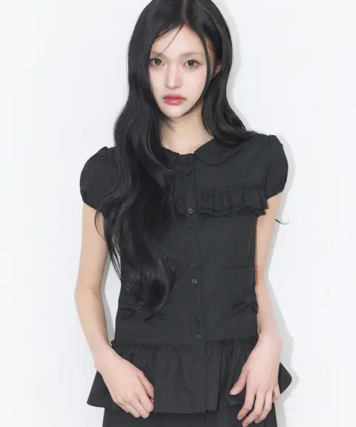 [ILLIGO] BOW POCKET RUFFLE BLOUSE STRIPE BLACK / 보우 포켓 러플 블라우스 스트라이프 블랙