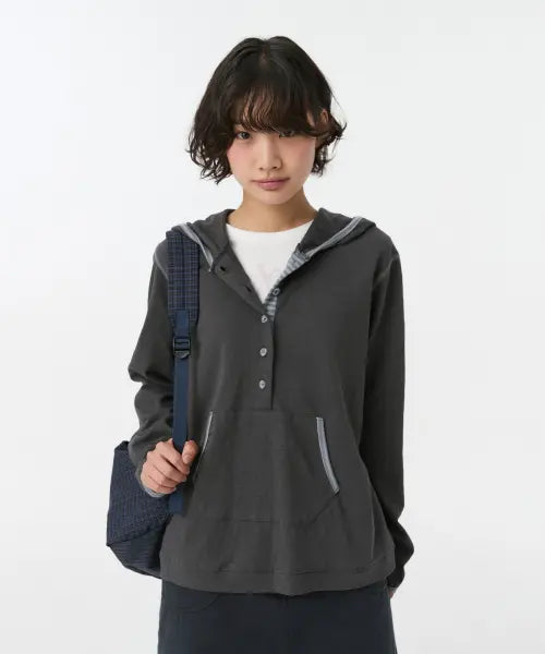 [OHESHIO] FLORAL BUTTON HOODED LONG SLEEVE, CHARCOAL