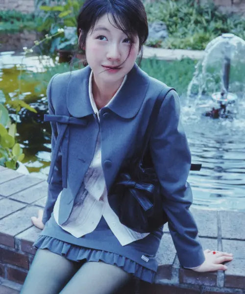 [8SECONDS] MINJUKIM Round Neck Cropped Jacket (Set-up) - Grey / [민주킴] 라운드넥 크롭 재킷 (셋업)  그레이
