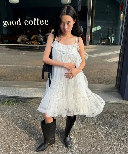[8SECONDS] MINJUKIM Floral Pattern Layered Tulle Dress - White / [민주킴] 플라워 패턴 레이어드 샤 원피스  화이트