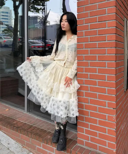 [8SECONDS] MINJUKIM Midi Length Ruffle Skirt Ivory / [민주킴] 미디기장 러플 샤스커트  아이보리