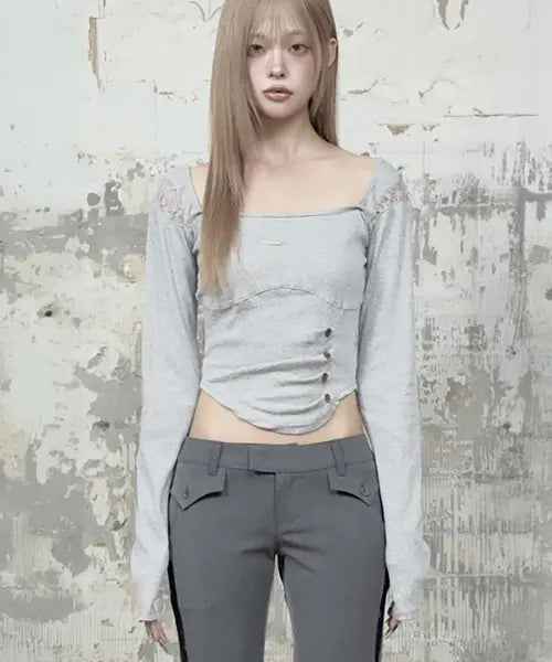 [ETRE AU SOMMET] Bust Line Pintuck Detail Long Sleeve (Gray)