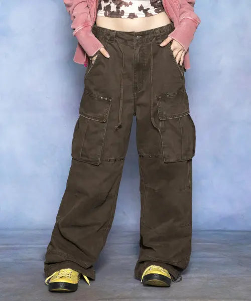 [GLACK] GP193 Studded Vintage Unbalanced Cargo Regular Cotton Pants (BROWN) / GP193 스터드 빈티지 언밸런스 카고 레귤러 코튼 팬츠 (BROWN)