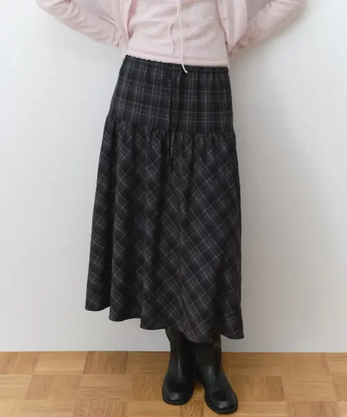 [ROLAROLA] CHECK SHIRRING LONG SKIRT DEEP GRAY