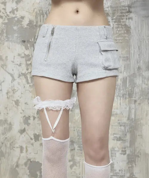 [ETRE AU SOMMET] Waffle Zipper Hot Pants (Melange Gray)