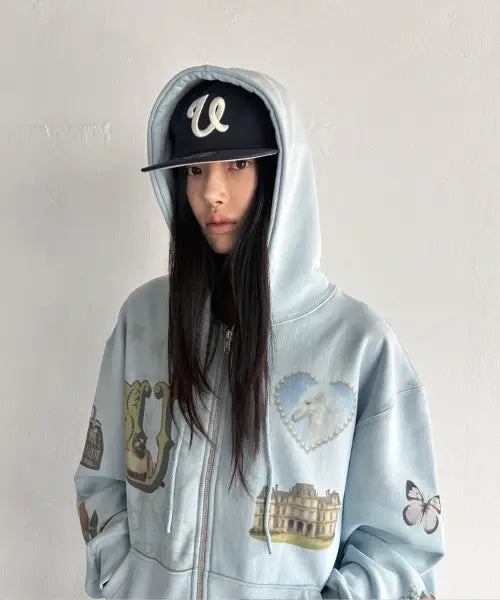 [UNSTEADYMARKET] Souvenir Zip up Hoodie_Powder Blue / 수브니어 후드집업 파우더 블루