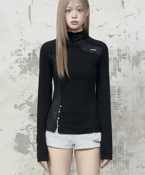 [ETRE AU SOMMET] Lace Layer High Neck Slim Long Sleeve (Black)