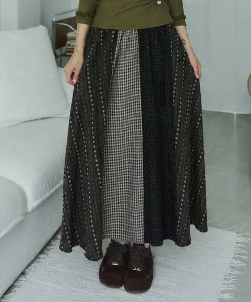 [SOME PLACE] Flower Check Multi Mix Layered Flare Cotton Banding Long Skirt / 플라워 체크 멀티 믹스 레이어드 플레어 코튼 밴딩 롱 스커트 _2COLOR
