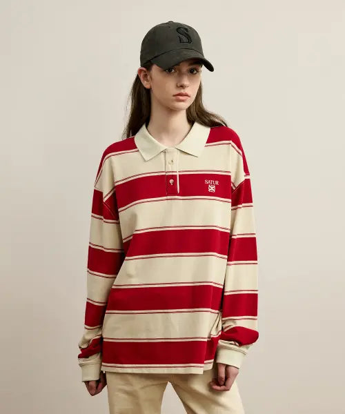 [SATUR] Apero Stripe Pique Long Sleeve Red / 아페로 스트라이프 피케 롱 슬리브 레드