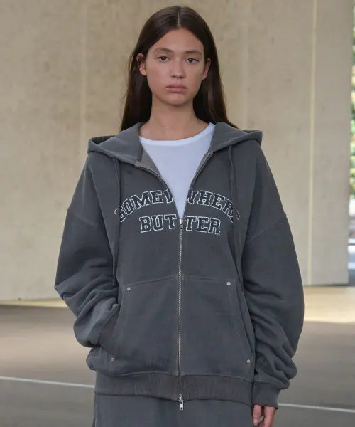 [SOMEWHEREBUTTER] Pigment Ford Hoodie Zip-Up - Charcoal