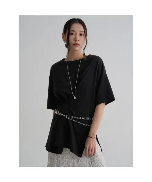 [8SECONDS] Longline Short-Sleeve Oversized T-Shirt - Black / 롱기장 반소매 오버핏 변형 티셔츠  블랙