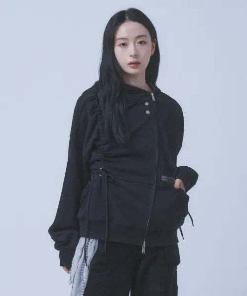 [TUOMIO] SHIRRING WAFFLE HOOD ZIP-UP [BLACK]
