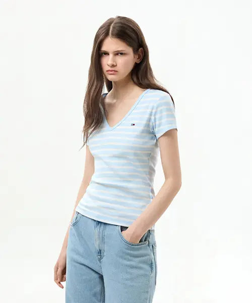 [TOMMY JEANS] TOMMY JEANS / 슬림 에센셜 립 브이넥 티셔츠 (T32G6TTO10TWT10BA)
