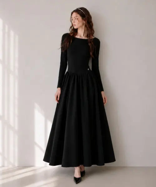 [BLACRUSH] Boatneck Flared Long Dress / Boatneck Flared Long Dress / 블랙