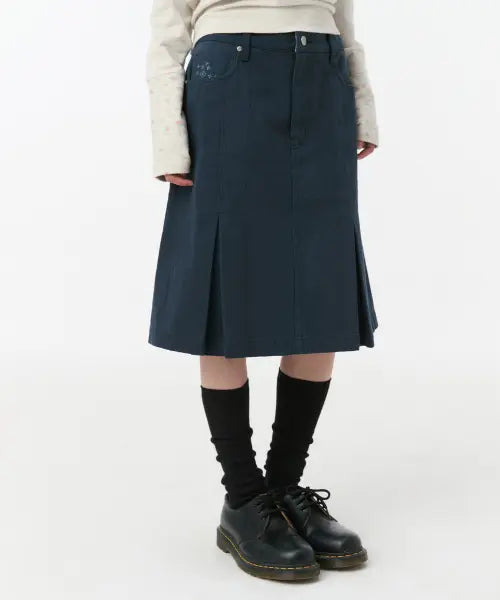 [OHESHIO] FLORAL LINE PLEATED MIDI SKIRT, NAVY