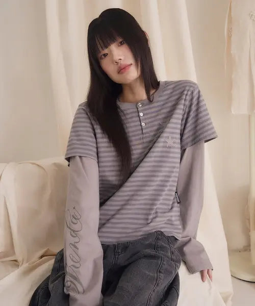 [PRENDA] STRIPE LAYERED HENRY NECK  LONG SLEEVE GRAY