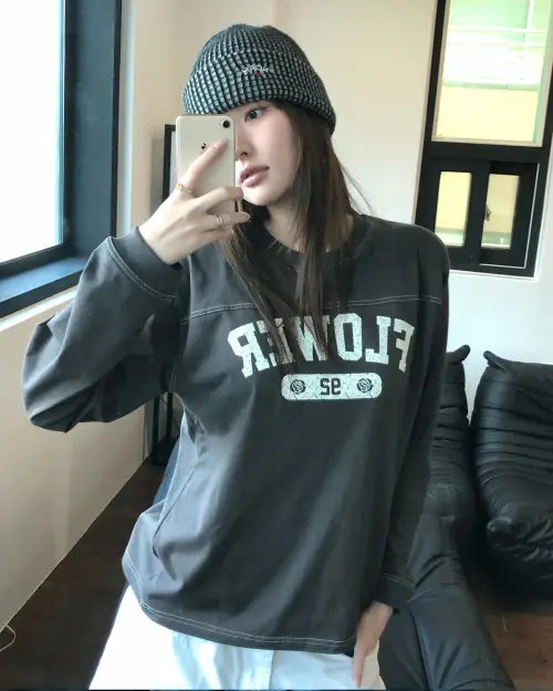 [HAVISM] FLOWER STITCH L/S TEE(CHARCOAL)