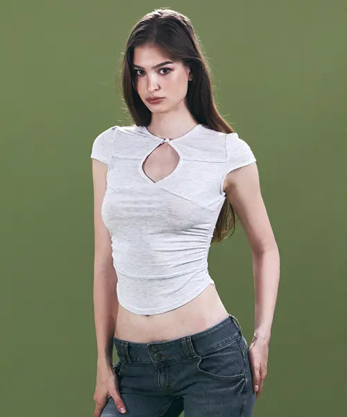 [PLEASENOFOLLOW] Bomi Shirring Short Sleeve Top (White Melange)