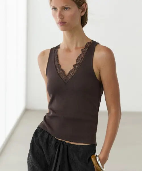 [MASSIMO DUTTI] Lace Detail V-Neck Top / 레이스 디테일 브이넥 탑