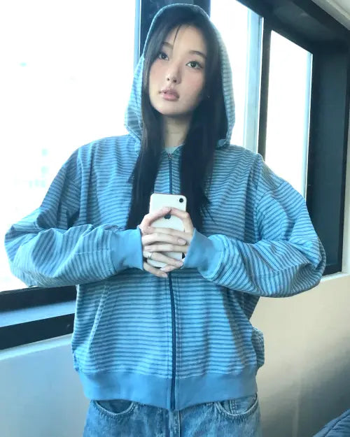 [HAVISM] HVSM STRIPE THIN ZIP UP HOOD(SKY BLUE)