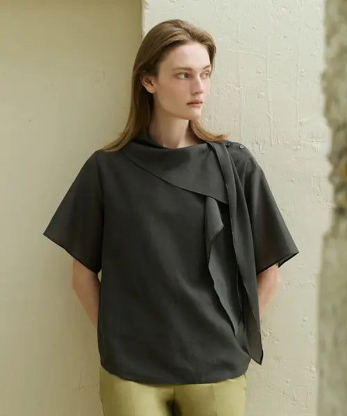 [BORGOSESIA] 26FW Silk Blend Scarf Blouse - Charcoal / 26FW 실크블렌드 스카프 블라우스 차콜