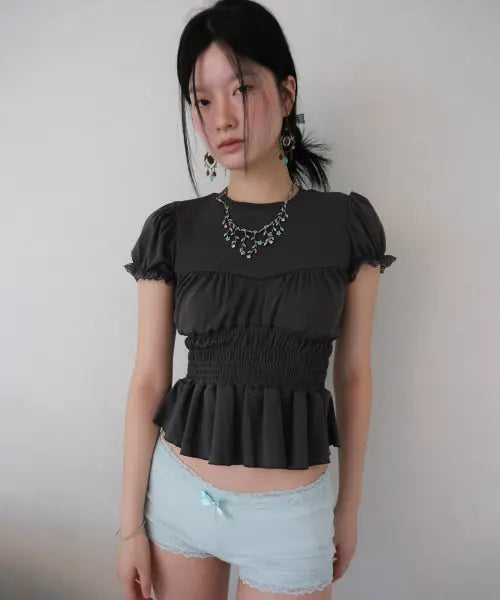 [LOSESLEEPOVER] Gather Tussie Top *Slate Gray / 개더 터시 탑 *슬레이트 그레이
