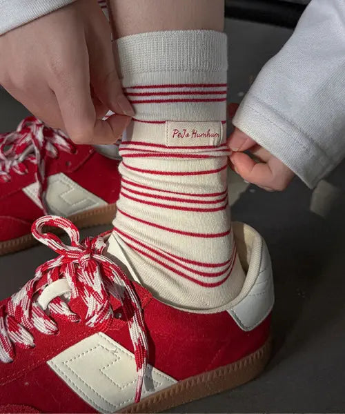 [ANGEL SOCKS] 2-Pack Red Stripe Women's Fashion Socks / [2개 세트] 1335 빨강 스트라이프 여성 패션 양말 브랜드