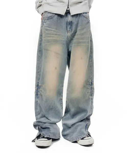 [AAKAM] Washed Zipper Slit Denim Pants (Light Blue)