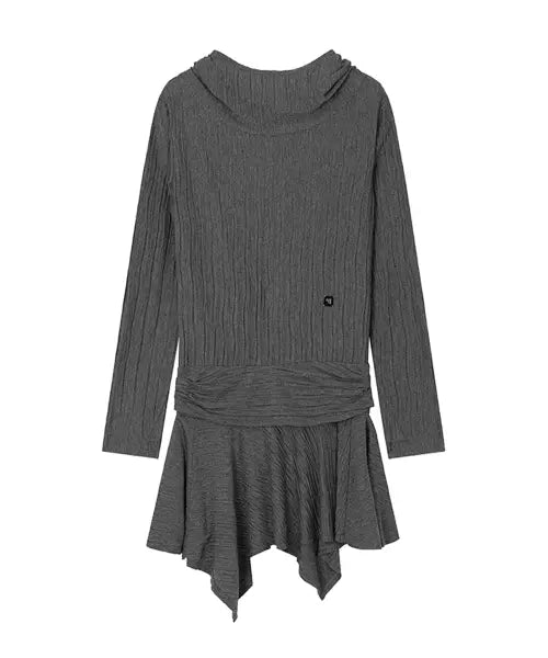 [TREEMINGBIRD] Crinkle Draped Hooded Long Sleeve Dress [ Charcoal ]