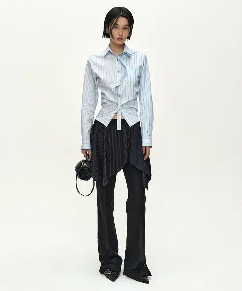 [ADSB ANDERSSON BELL] ASYMMETRIC WRAP SKIRT-LAYERED BOOTCUT TROUSERS (NAVY/BLACK)