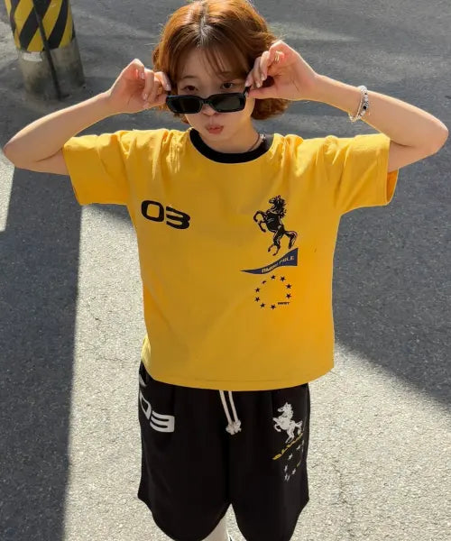 [AMOU] Sporty Horse Half T-shirt Yellow / Sporty Horse  Half T-shirts YELLOW