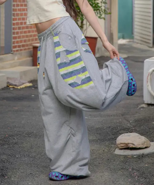[RuNaKi'Hu'] Hanauta Fleece Sweat Balloon Pants (Melange Gray) / WXP095 하나우타 아플리케 스웻 벌룬팬츠 (MELANGE GRAY)