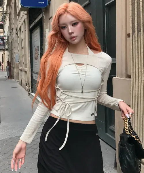[SECONDSALT] RIBBED HALTER LAYERED WRAP LONG SLEEVE TOP (GUERANDE SALT) / 골지 홀터 레이어드 랩 롱 슬리브 (게랑드솔트)