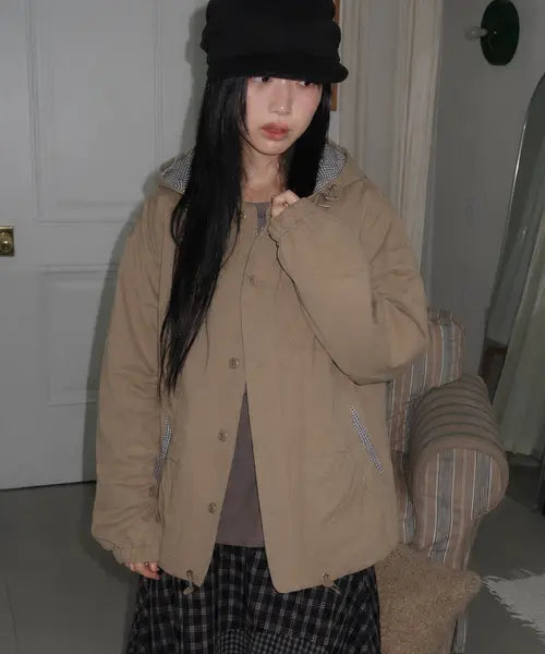 [SOME PLACE] Check Panel Pocket Pintuck String Cotton Hooded Zip-Up Jacket / 체크 배색 포켓 핀턱 스트링 코튼 버튼 후드 집업 야상 자켓 점퍼 [베이지]
