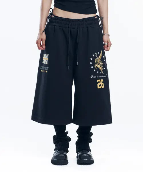 [EASY NO EASY] Horse Union Jack Bermuda Sweatpants - Black / 홀스 유니언 잭 버뮤다 스웻 팬츠 - 블랙
