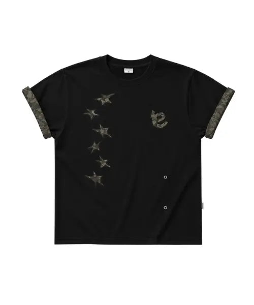 [ESCAPEFROM] Star Camo Applique Rolled Sleeve T-Shirt Black / 스타 카모 아플리케 포인트 롤업 반팔티 블랙