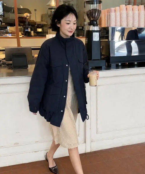 [SINOON] Color Block Washed Work Jacket (Dusty Blue)