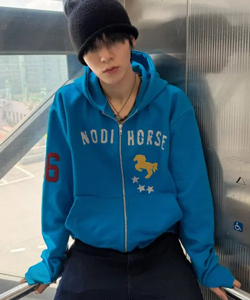 [NODI] Step On Star Hood zip up sapphire blue / 스텝 온 스타 후드 집업 사파이어 블루