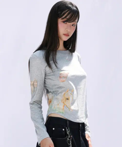 [SECONDSALT] PONY ARCHIVE LONG SLEEVE TEE (MELANGE GREY) / 포니 아카이브 티셔츠 (멜란지그레이)